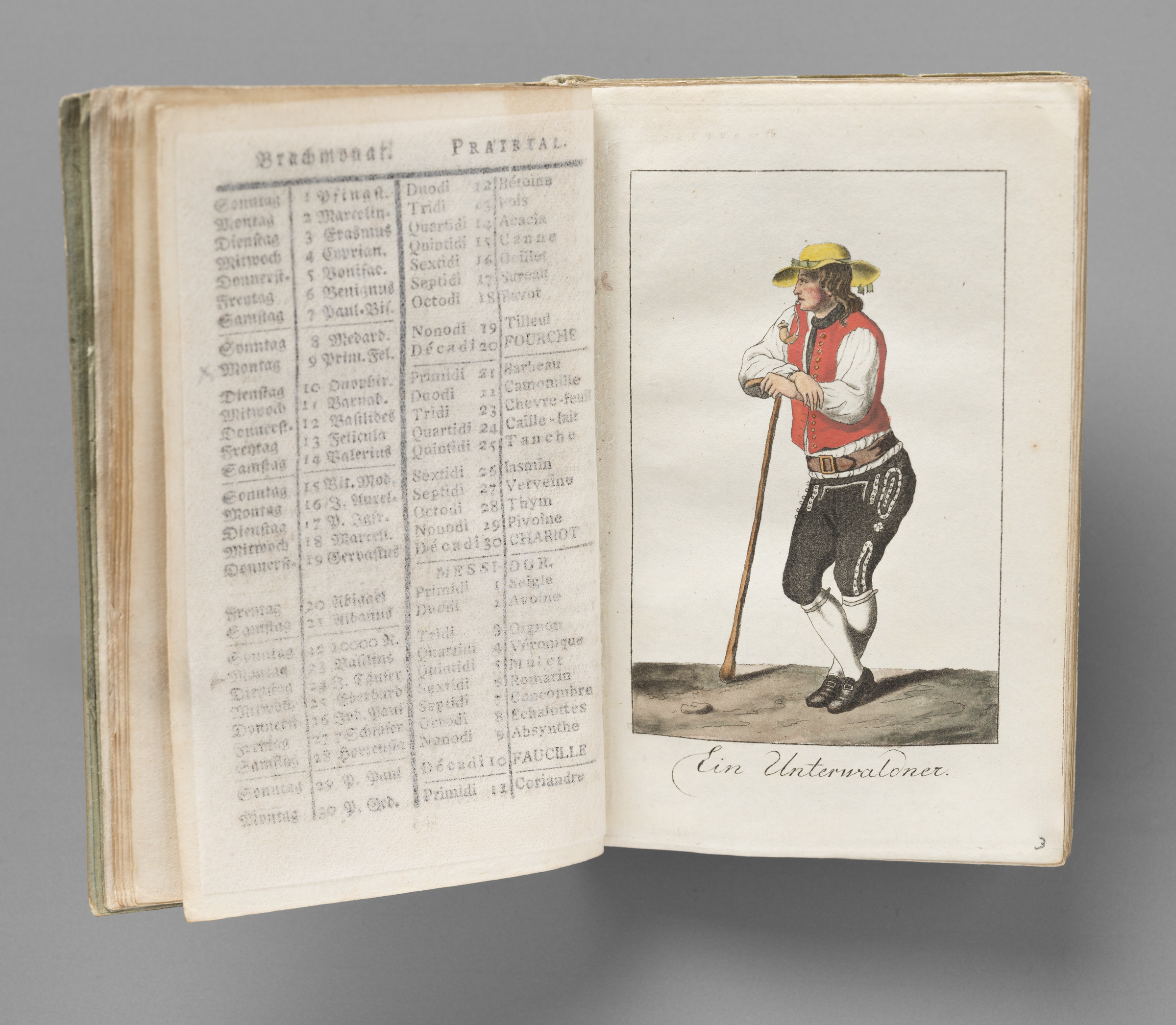 Männliche Ganzfigur in Tracht der Region Unterwalden, die sich in Dreiviertelposition auf einen Stock abstützt