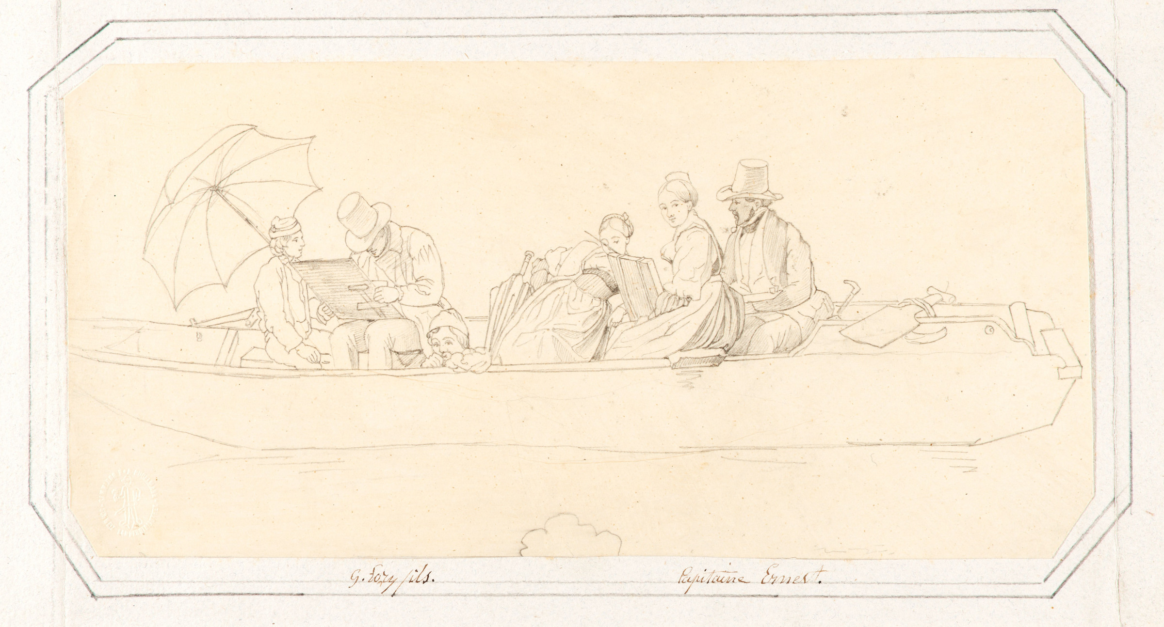 Bleistiftzeichnung eines Boots, darin Männer und Frauen beim Zeichnen