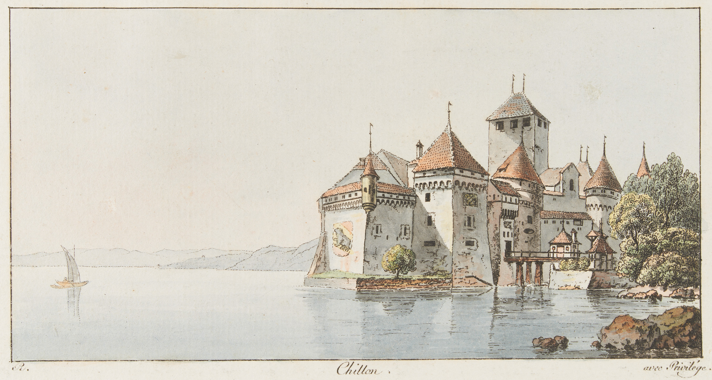 Schloss Chillon, Panoramablick von Süden. Boot; Genfer See