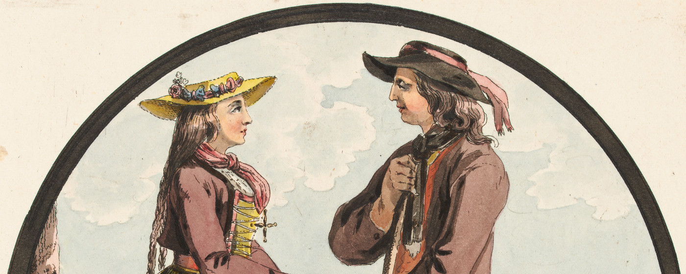 Weibliche und männliche Ganzfigur in Zuger Tracht, in seitlichem Profil, im Hintergrund Brunnen und Berglandschaft