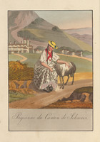 Weibliche Ganzfigur in der Tracht des Kanton Schwyz, sitzend ein Schaf streichelnd, eingebettet in einer Landschaft mit dem Kloster Einsiedeln 