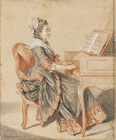 Junge Frau in Rokokokleidung an einem Klavier sitzend