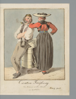 Männliche Ganzfigur in Freiburger Tracht auf Milchbrente sitzend, weibliche Ganzfigur in Rückenansicht in Freiburger Tracht